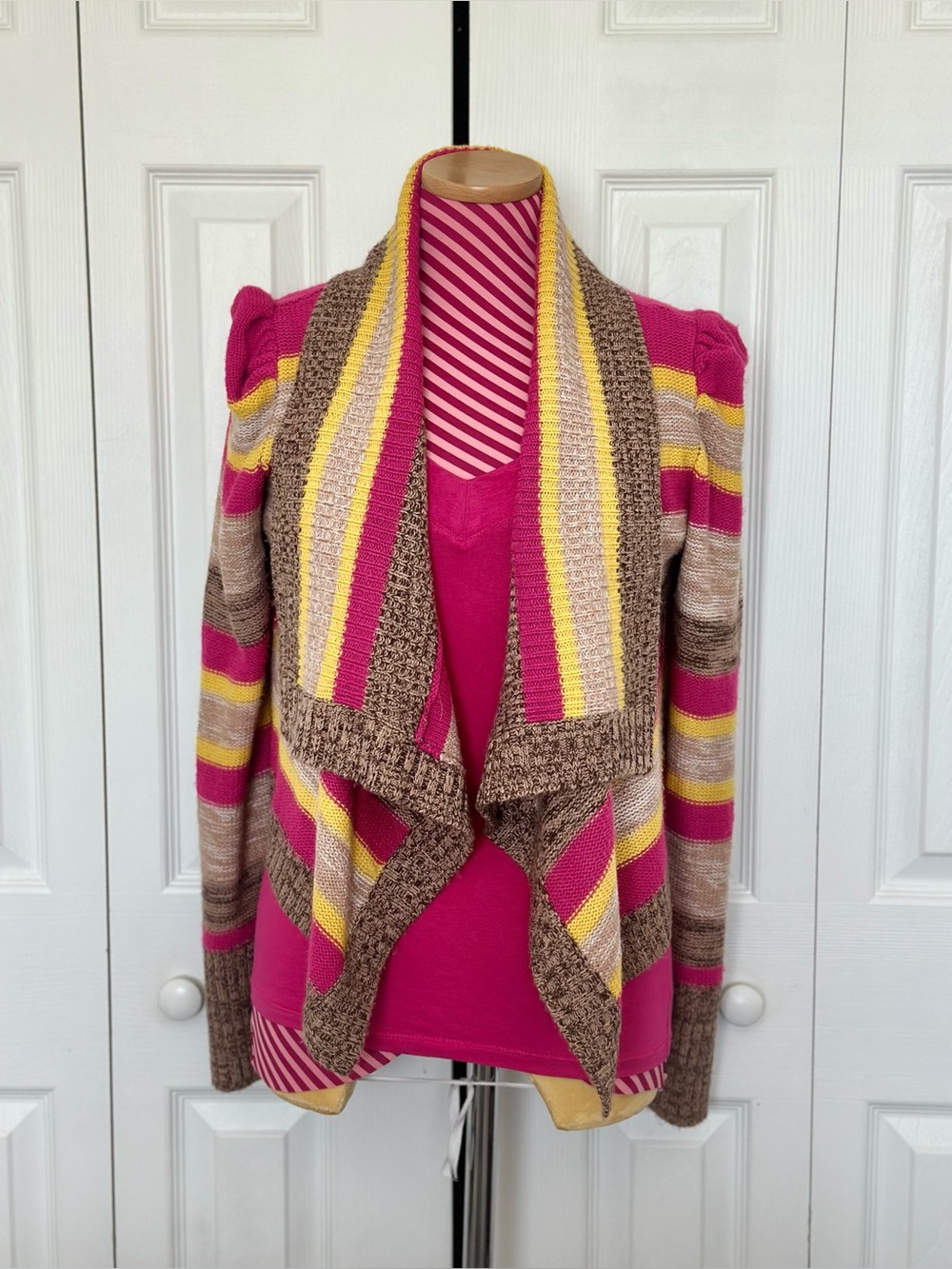 Poof Excellence Pink, Yellow & Brown Striped Open-Front Cardigan